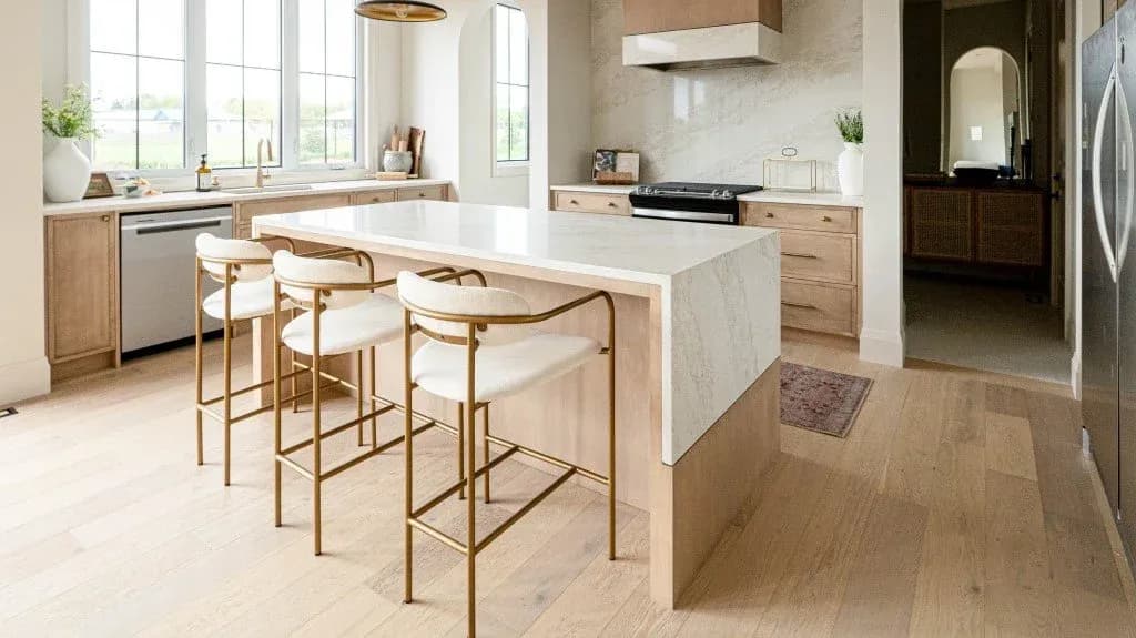 Bright modern kitchen with white quartz island, light wood cabinetry, and gold bar stools